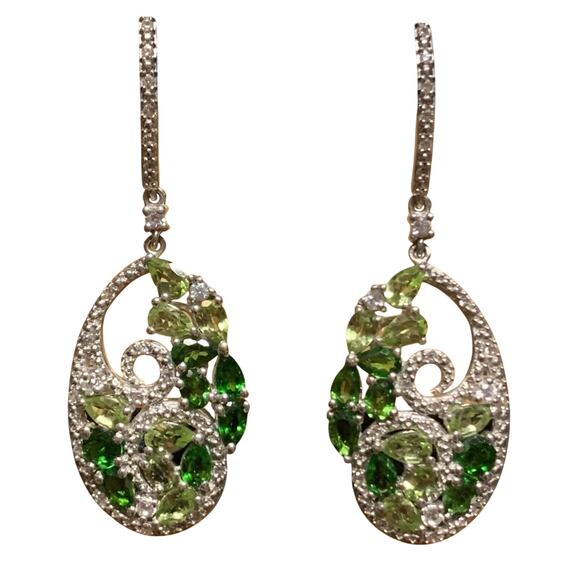 STS Sterling Silver, Chrome Diopside, Peridot and CZ Earrings Dangle Made India - Picture 1 of 6